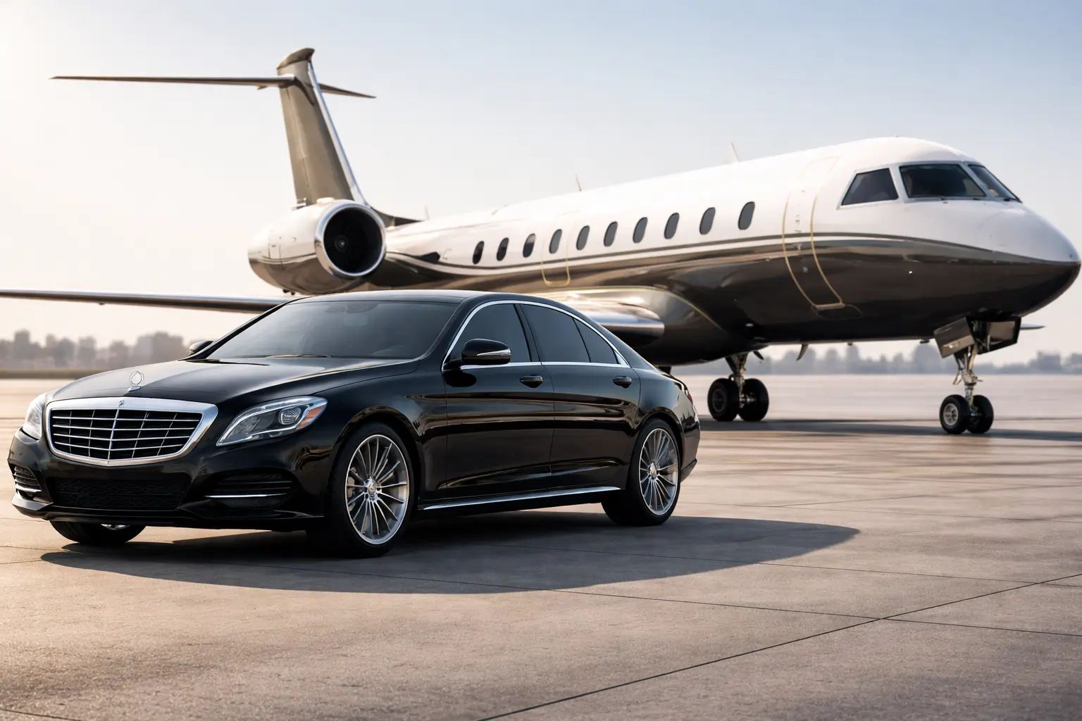 Luxury black sedan parked on runway with private jet in background for Hamilton limo service airport transfer and executive travel