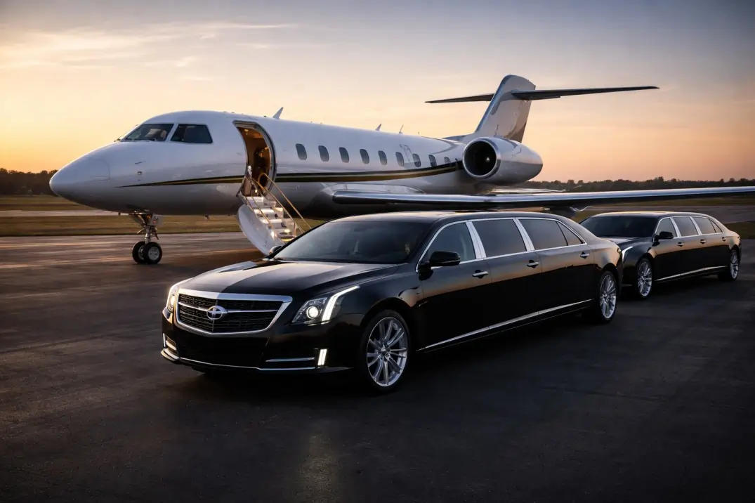 Two black stretch limousines parked on a tarmac in front of a private jet at sunset, for Signature Flight Limo Service.