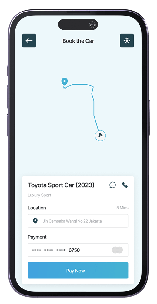 Morent car rental app screen showing a Toyota Sport Car booking with pickup location, payment details, and a 'Pay Now' button.