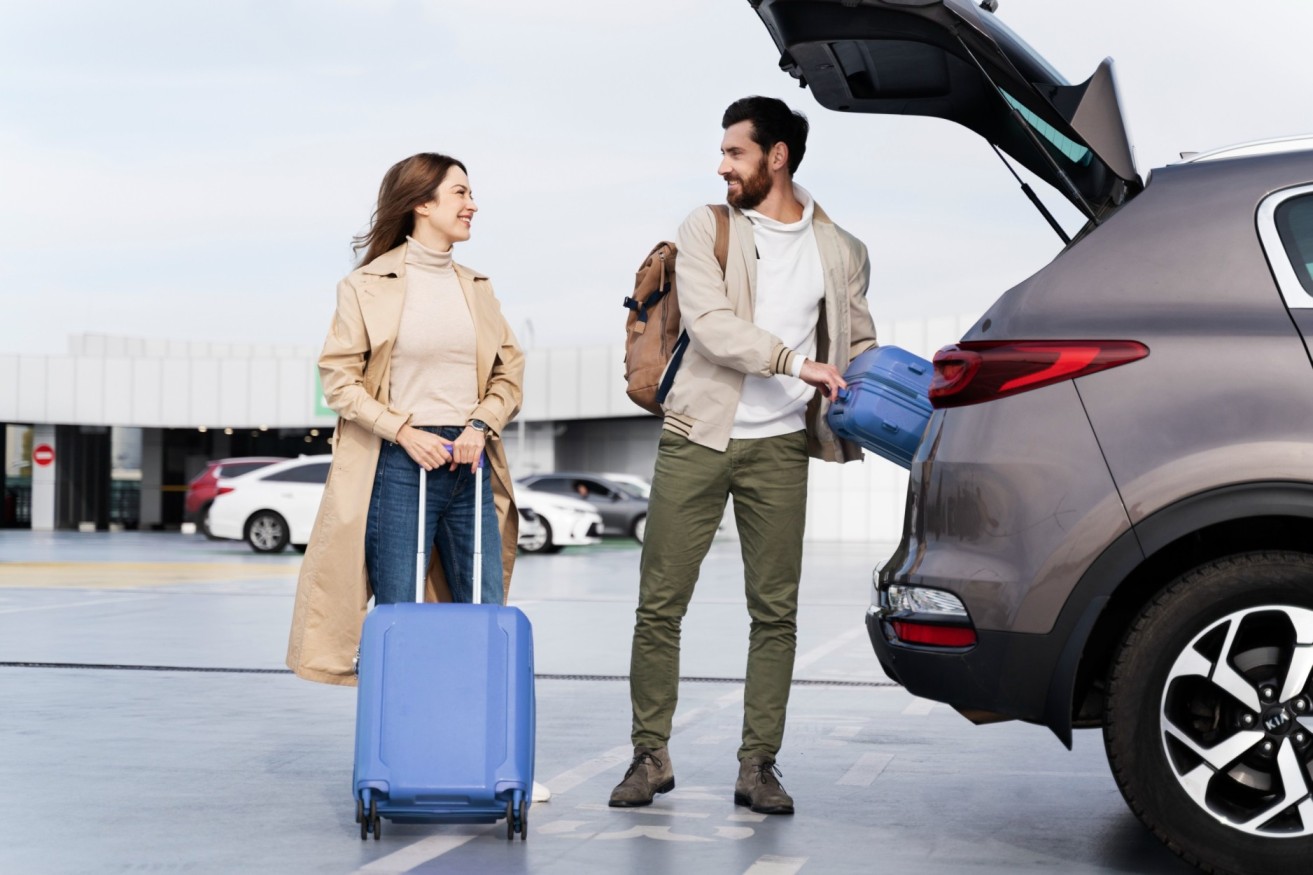 A man and woman with blue suitcases loading luggage into an SUV, for professional Ottawa Limo service for airport or private travel.