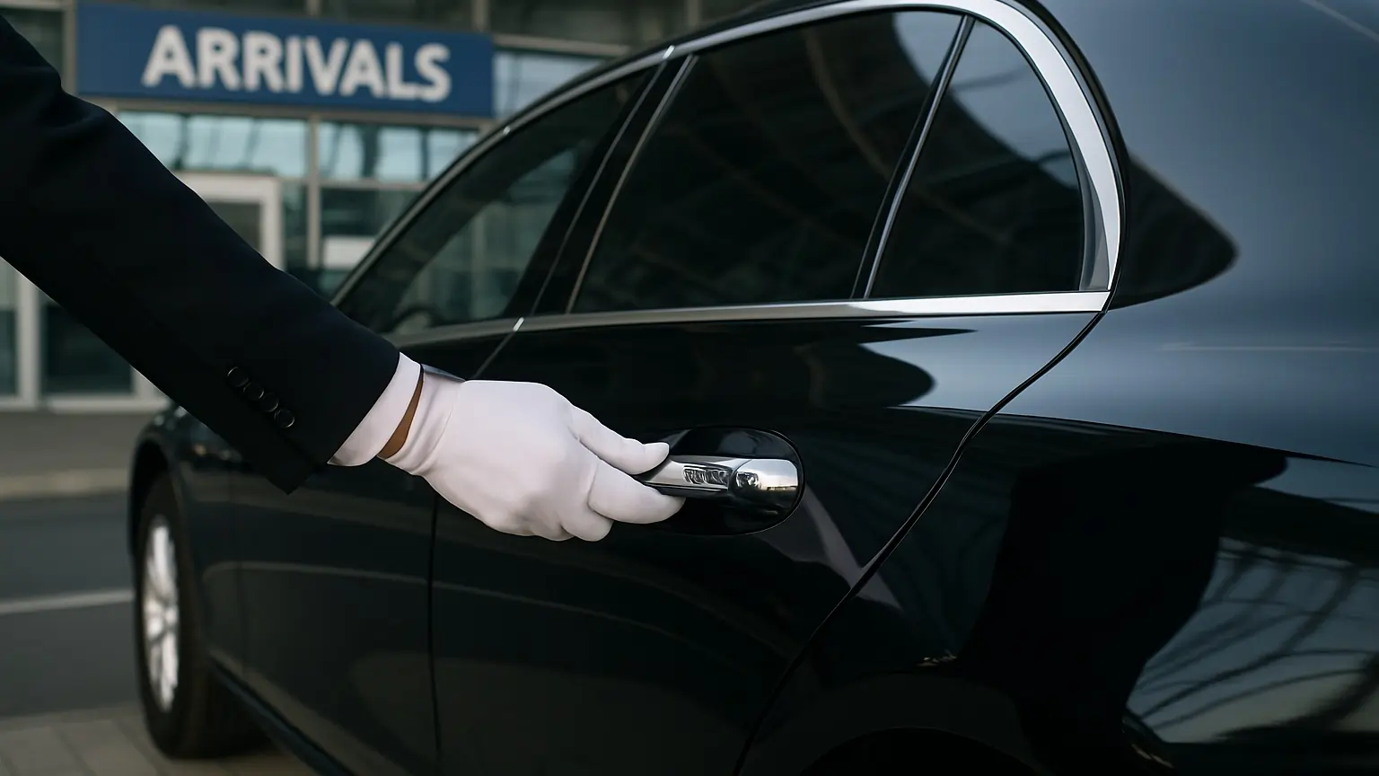 A chauffeur wearing white gloves opens the door of a sleek black luxury car at the airport, for a high-end Oakville Limo Service