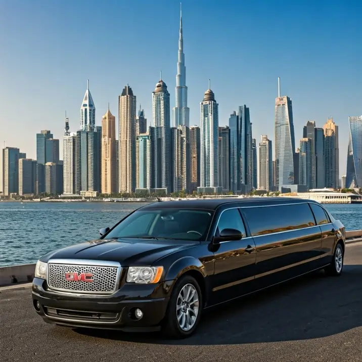 A black GMC stretch limo parked by the waterfront with a city skyline in the background, representing Richmond Hill Limo service for luxury travel.