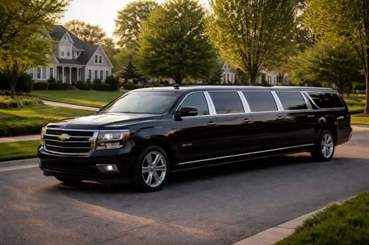 Black stretch limousine parked in a residential neighborhood, by Skycharter limo service for comfortable and stylish travel.