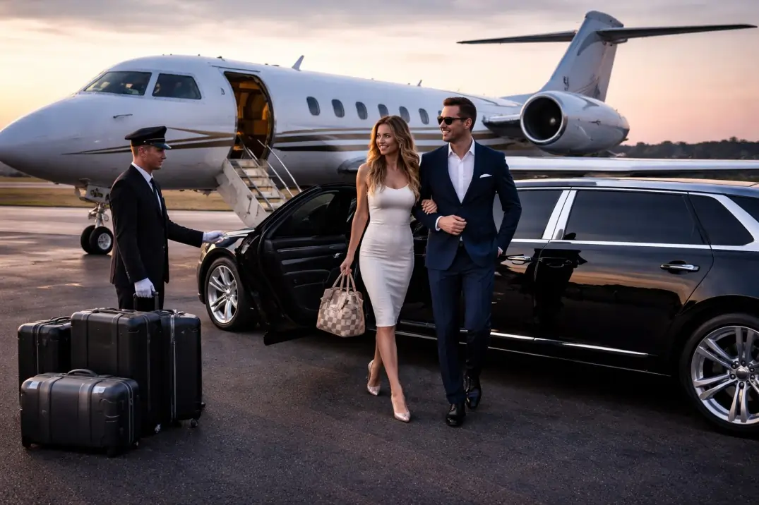 Elegant couple arriving from a private jet and being greeted by a chauffeur beside a luxury limousine for Skyservice limo service.