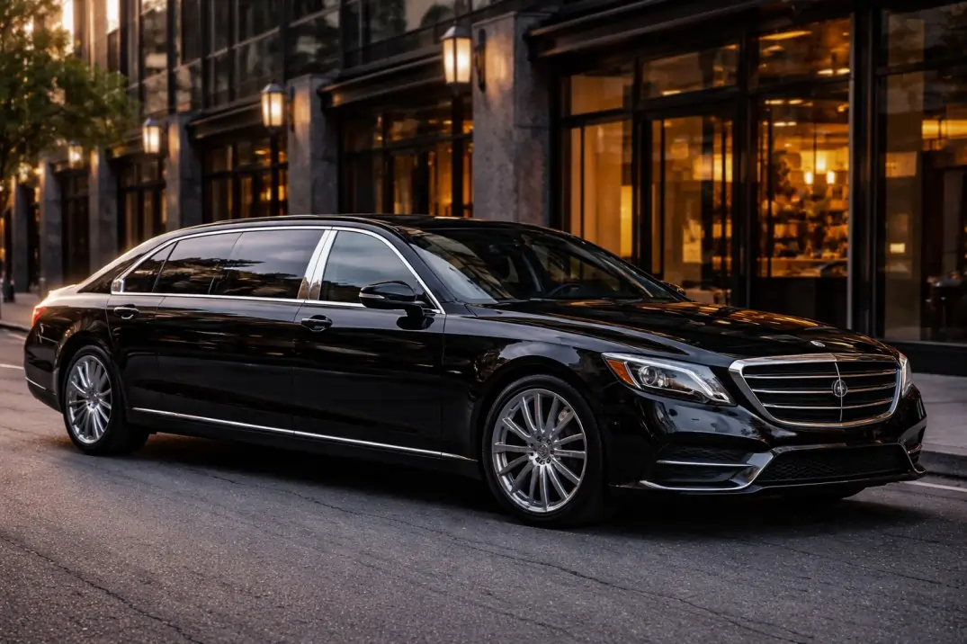 Black Mercedes stretch limo parked on an upscale street at dusk, ideal for Vaughan Limo Service rides.